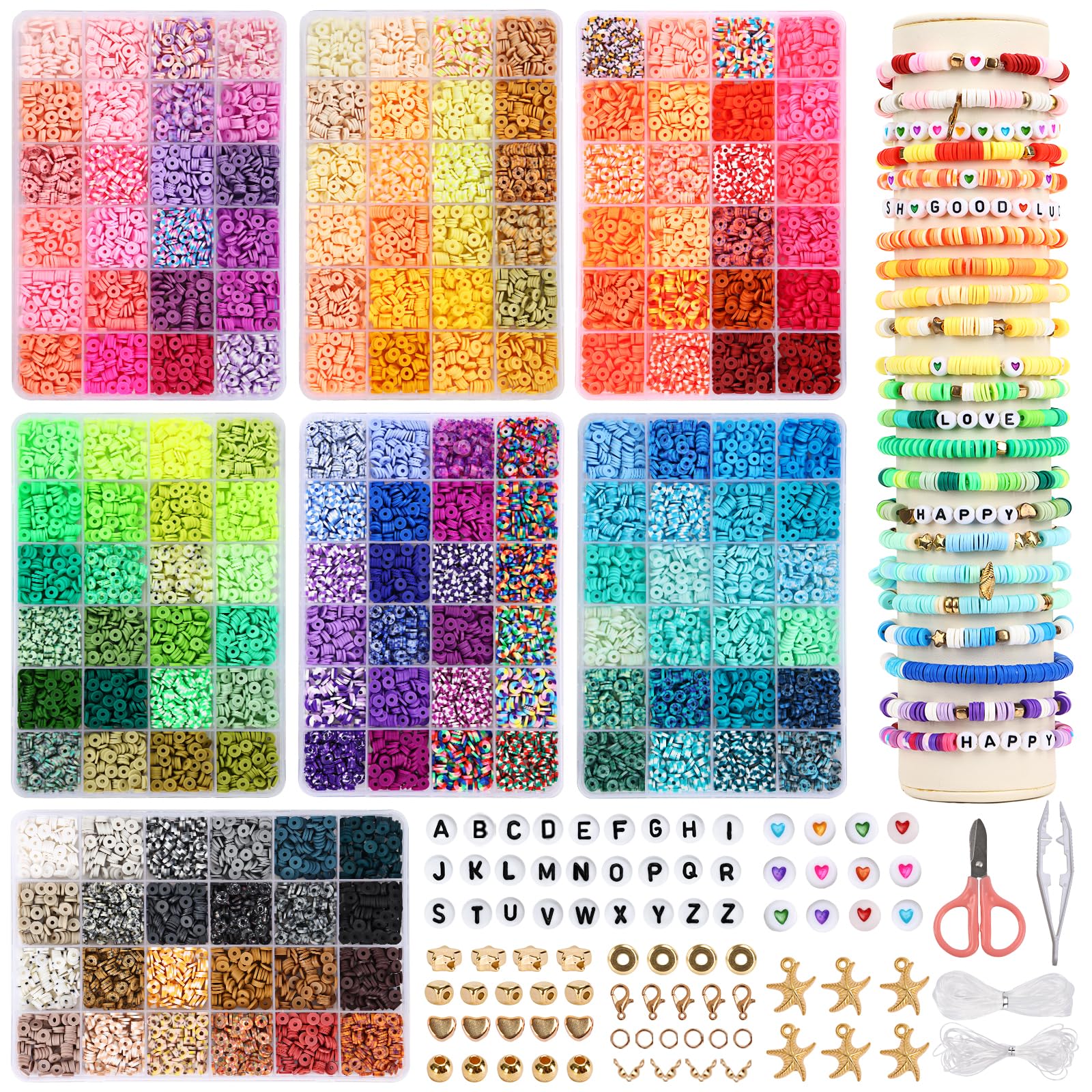 QUEFE 16800pcs Clay Beads Bracelet Making Kit, 168 Colors Polymer Beads Spacer Heishi Beads, Flat Preppy Beads for Jewelry Making Kit with Charms, DIY Crafts Gift