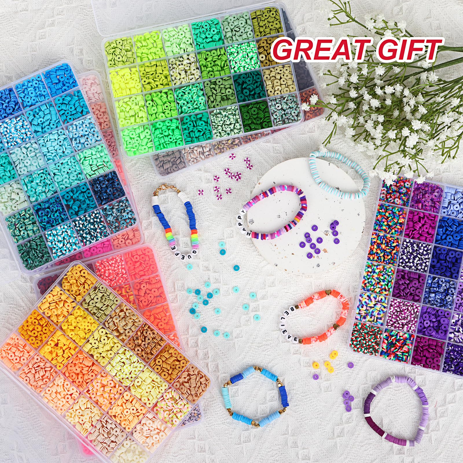 QUEFE 16800pcs Clay Beads Bracelet Making Kit, 168 Colors Polymer Beads Spacer Heishi Beads, Flat Preppy Beads for Jewelry Making Kit with Charms, DIY Crafts Gift