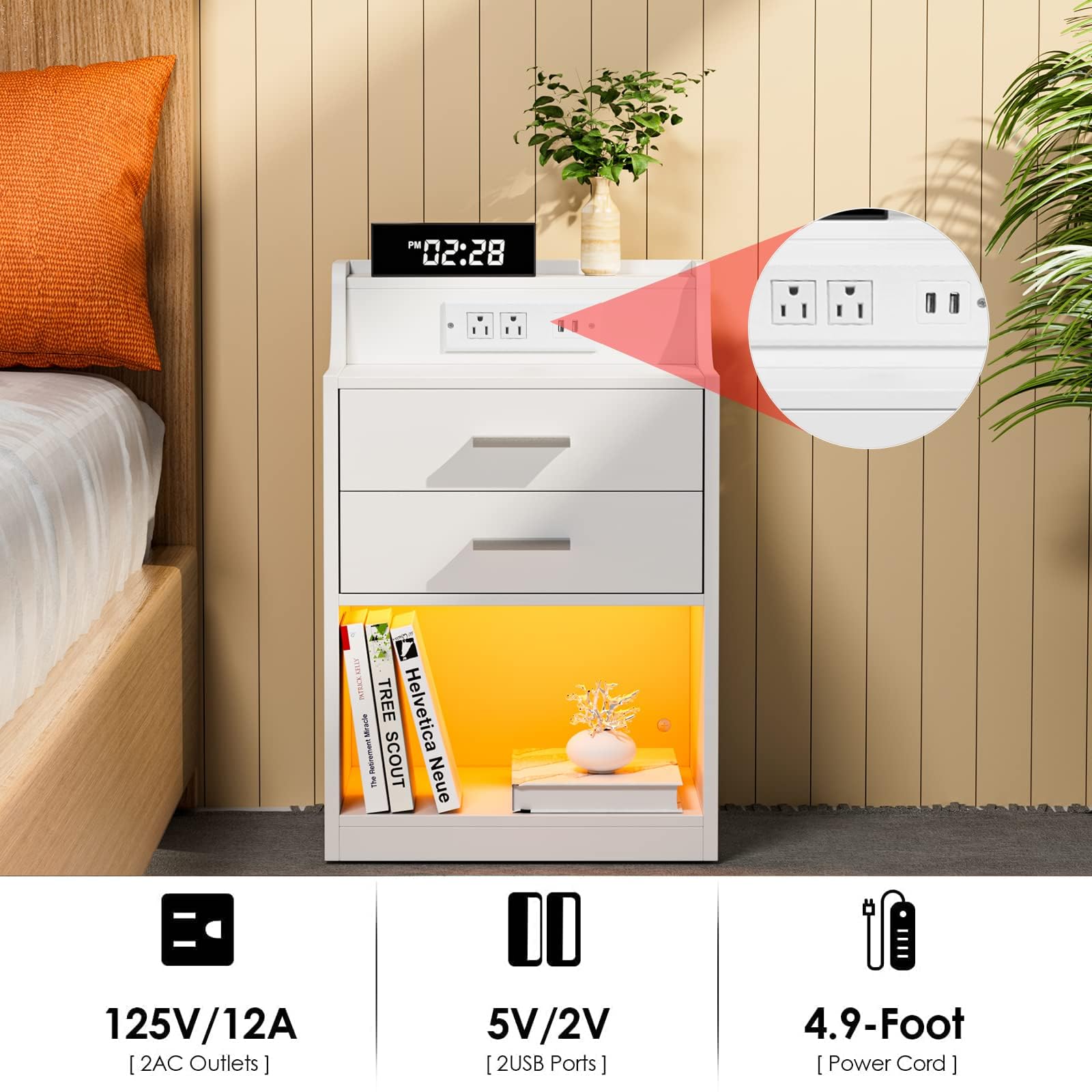 Saedew Nightstand with Charging Station and LED Lights, Night Stand with Modern Design, Bedside Table with 2 Drawers and Open Storage, Improved Nightstands for Bedroom Living Room (1, White)…