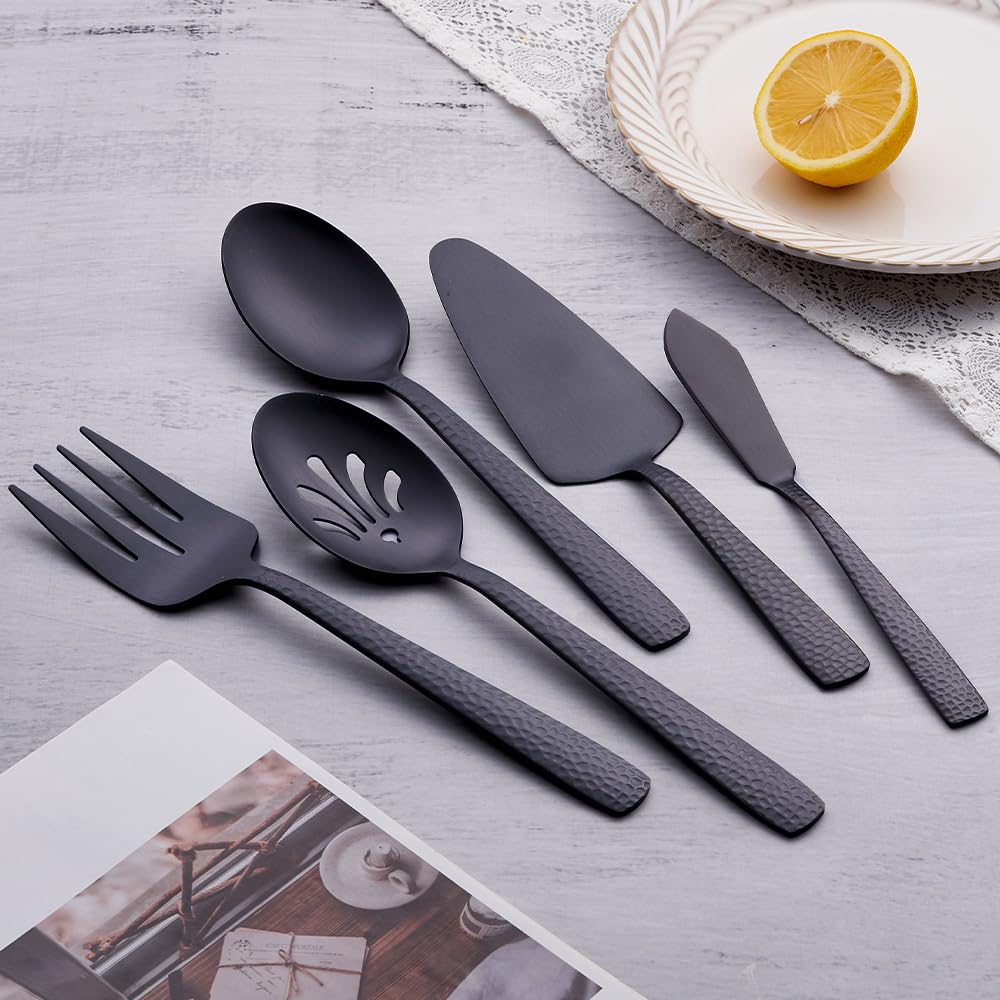 Matte Black Large Serving Utensil Set, FULLYWARE Stainless Steel Large Hostess Serving Set, include Serving Spoon, Slotted Serving Spoon, Serving Fork, Pie Server and Butter Knife, 5-piece