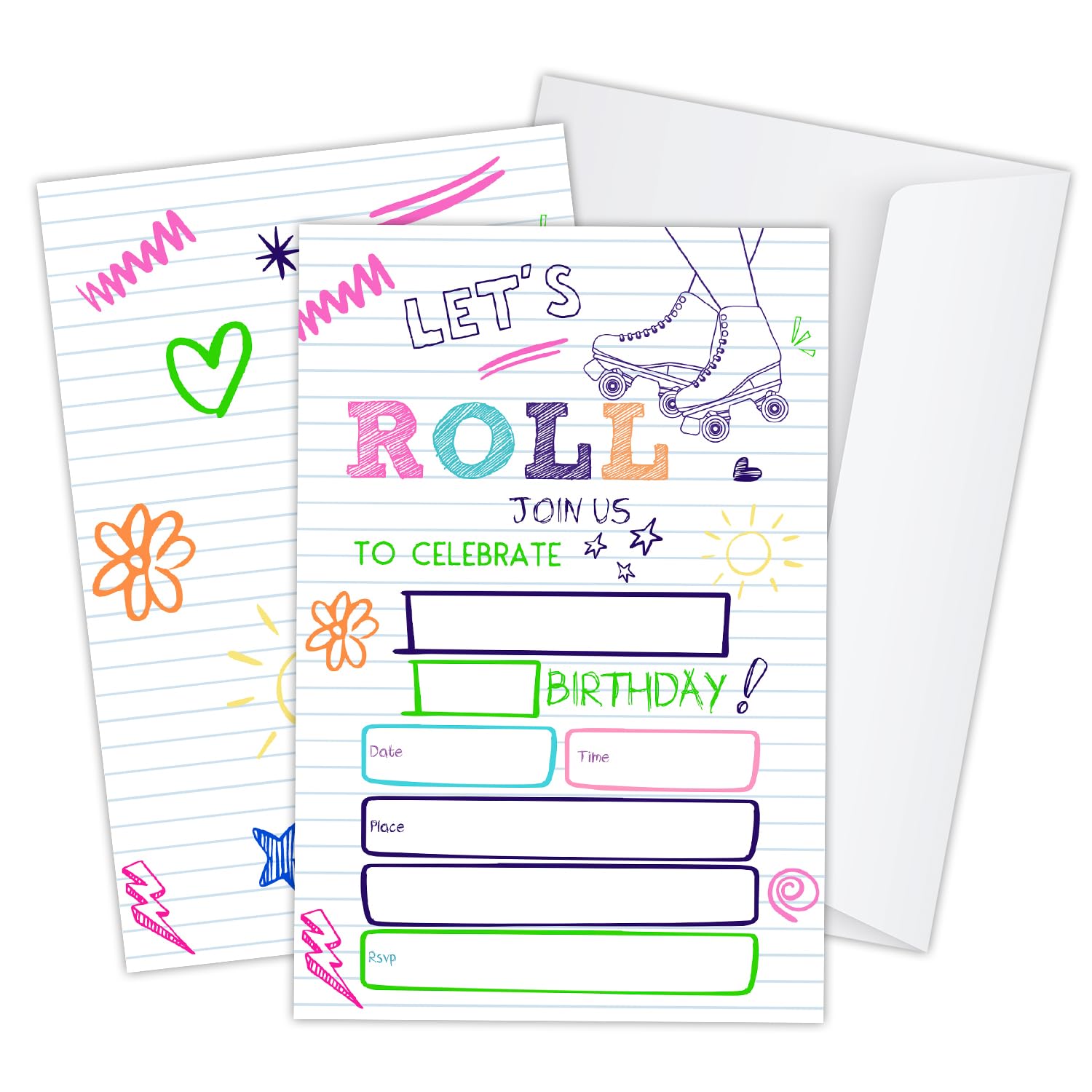 Roller Skating Children Birthday Party Invitations, Roller Skate Invites for Girls Boys Kids Teen, Kid's Party Favors Decoration and Celebration Supplies, 20 Invitations with Envelopes - JY625