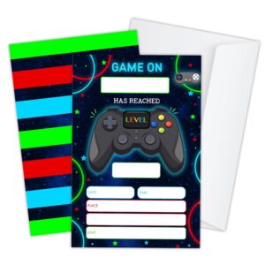 Neon light Arcade Party Invitations for Kids, Kids Game On Video Game Birthday Invitation Cards, Birthday Invites for Boys Teen, Kid's Party Decoration Supplies, 20 Invitations with Envelopes - JY606