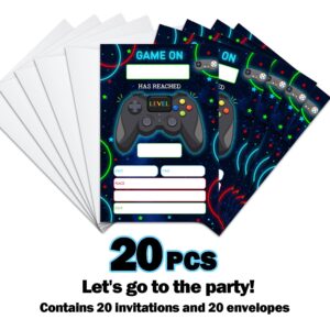 Neon light Arcade Party Invitations for Kids, Kids Game On Video Game Birthday Invitation Cards, Birthday Invites for Boys Teen, Kid's Party Decoration Supplies, 20 Invitations with Envelopes - JY606