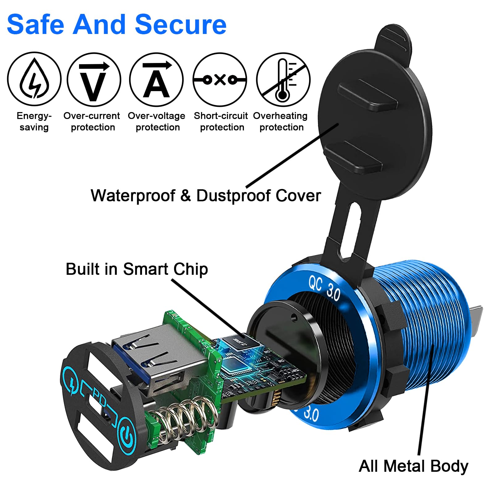 OCTODER 12V USB Outlet, 30W USB C & 30W Dual QC 3.0 USB A Port, Quick Charge 12V 24V USB C Outlet with Touch Switch, Waterproof Charger Socket for Car RV Boat Marine Motorcycle Truck Golf Cart