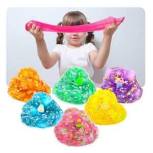 6 Pack Jelly Cube Crunchy Slime Kit, with Yellow, Pink, Purple, Green & Blue Clear Crunchy Slime, Super Soft Sludge Toy with Cute Charms, Party Favors Slime for Girls and Boys