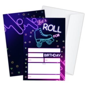 haipino neon light roller skating birthday party invitations for kids, roller skating invites for girls boys teens, kid's party favors decoration supplies, 20 invitations with envelopes - jy615