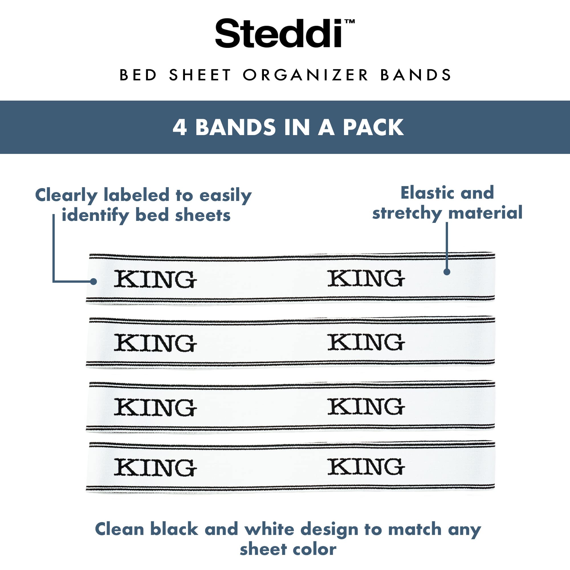 Steddi Bed Sheet Organizer Bands, Sheet Bands for Organizing, Sheet Organizer Bands, Sheet Labels for Bedding, Sheet Size Label Bands for Bed Sheets, Pillow Case, Duvet (King)