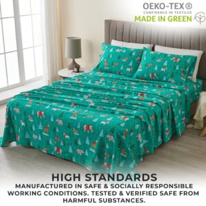 Great Bay Home 3 Piece 100% Turkish Cotton Twin Christmas Flannel Sheet Set | Kids Holiday Printed Bedding Sheets & Pillowcases | Double-Brushed Flannel Bed Sheets (Twin, Safari Animal Christmas)