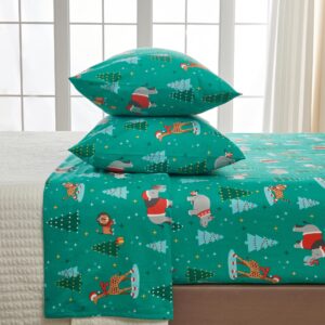 Great Bay Home 3 Piece 100% Turkish Cotton Twin Christmas Flannel Sheet Set | Kids Holiday Printed Bedding Sheets & Pillowcases | Double-Brushed Flannel Bed Sheets (Twin, Safari Animal Christmas)