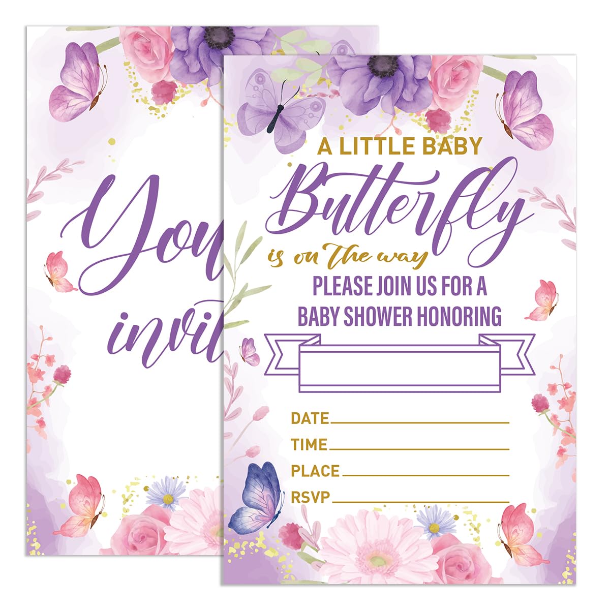 UDNADKEX Baby Shower Invitations for Girl Butterfly Purple with Envelopes, Invites for Baby Showers Party Floral, A Little Baby Butterfly Is on The Way, 4"x6" Set of 20