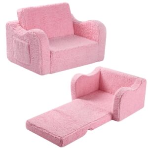 MOMCAYWEX Kids Chairs for Toddler, 2-in-1 Toddler Soft Sherpa Couch Fold Out, Convertible Sofa to Lounger for Girls and Boys, Pink