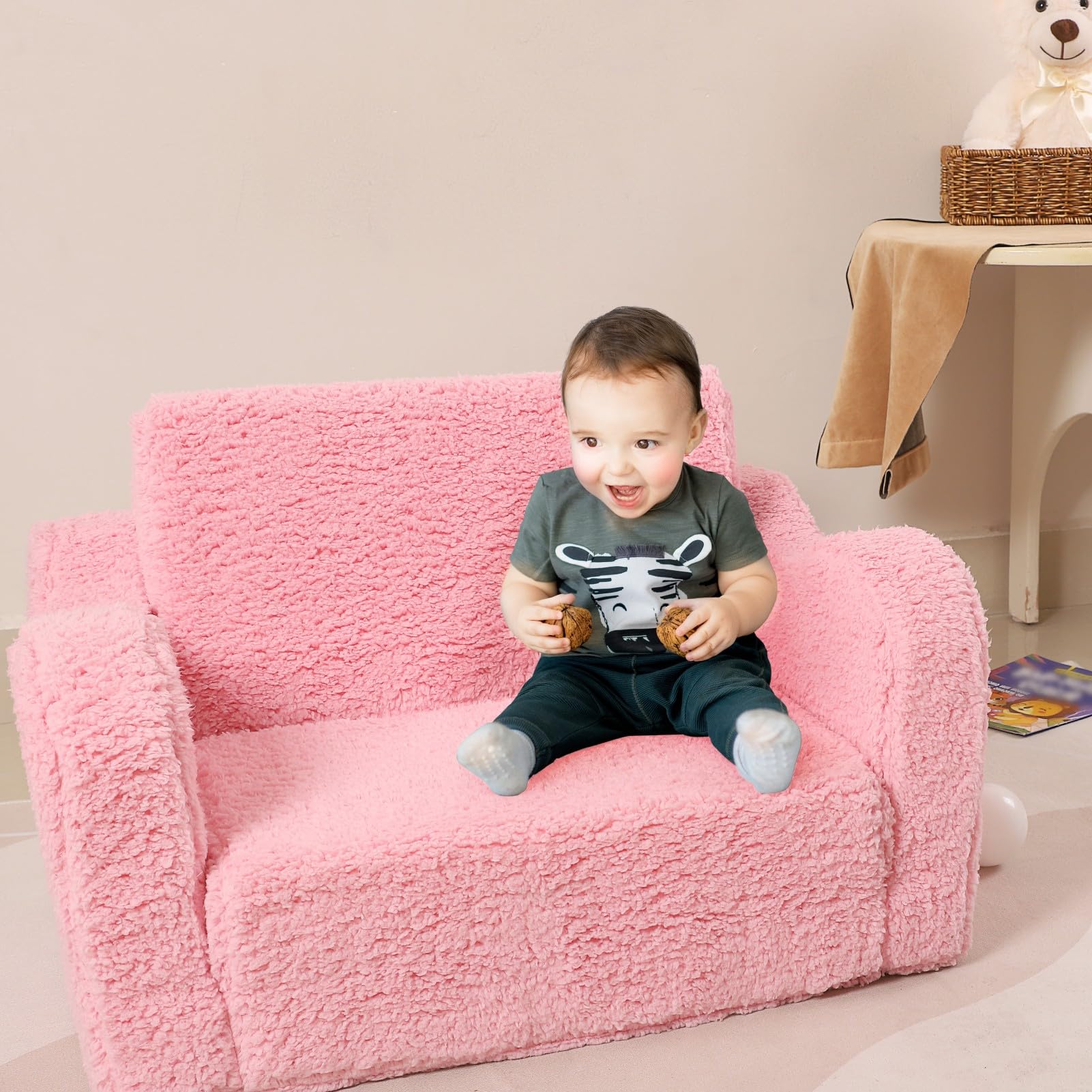 MOMCAYWEX Kids Chairs for Toddler, 2-in-1 Toddler Soft Sherpa Couch Fold Out, Convertible Sofa to Lounger for Girls and Boys, Pink