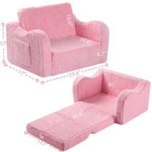 MOMCAYWEX Kids Chairs for Toddler, 2-in-1 Toddler Soft Sherpa Couch Fold Out, Convertible Sofa to Lounger for Girls and Boys, Pink