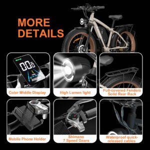 ZEEGR Electric Bike,Dual Motor AWD 2000W Removable 48V/22.4AH Battery E-Bike 26'*4.0' Fat Tire Electric Bicycle with 7 Speed(Khaki)