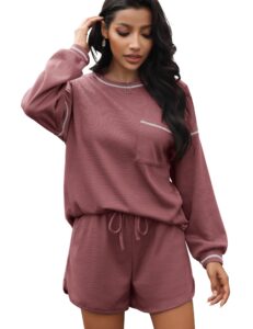 andeip lounge set for women two piece long sleeve waffle pjs set contrast stitching pajama sets red l