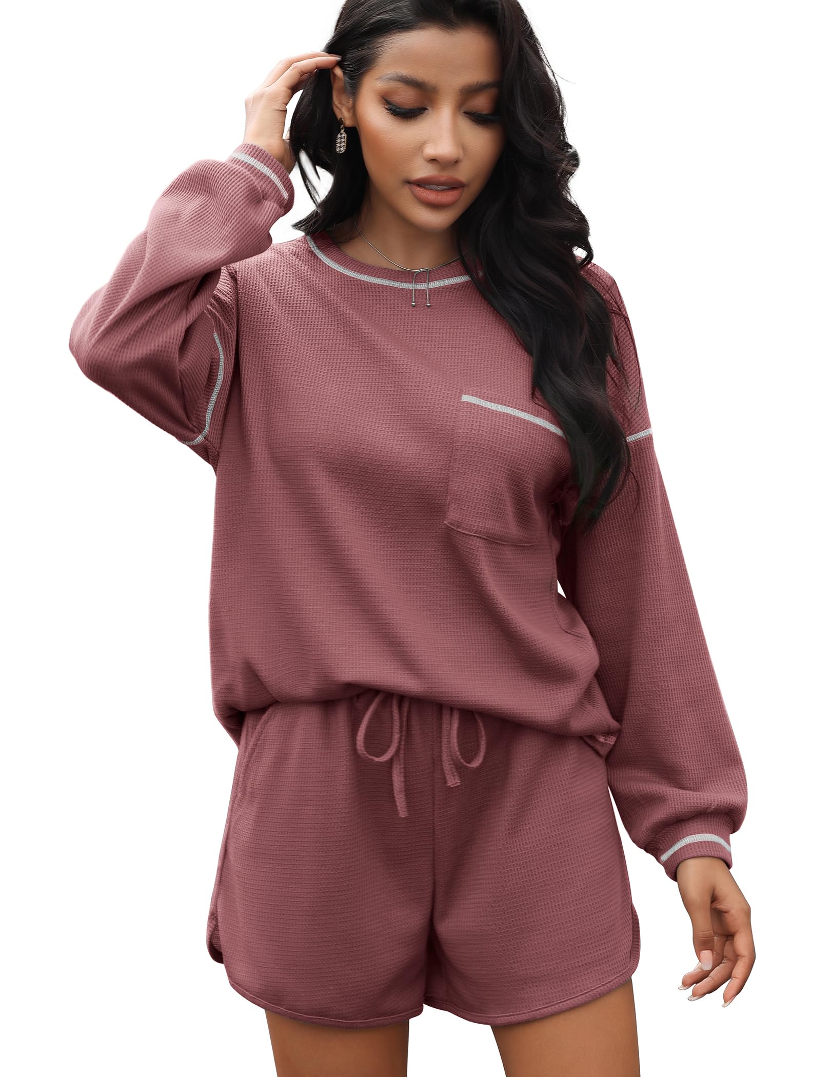 Andeip Lounge Set for Women Two Piece Long Sleeve Waffle Pjs Set Contrast Stitching Pajama Sets Red L