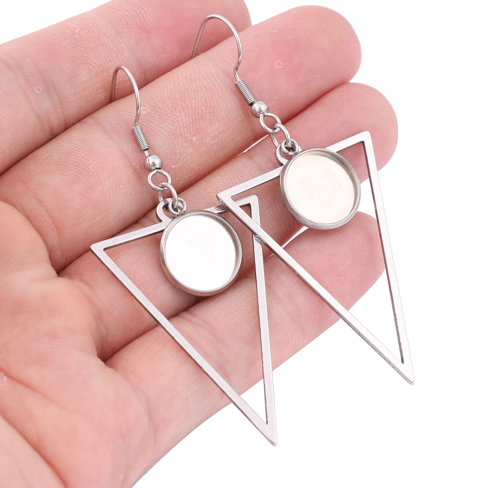 Reidgaller 20pcs Stainless Steel Triangle Hoop Earring Bezel Blanks Fit 12mm Cabochon Earring Setting Trays DIY Jewelry Hooks Findings