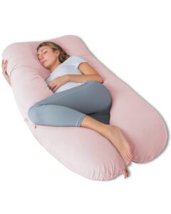 angqi pregnancy pillows, u shaped pregnancy body pillow for sleeping, 55 inch maternity pillow for pregnant women with cooling jersey cover, pink