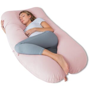 AngQi Pregnancy Pillows, U Shaped Pregnancy Body Pillow for Sleeping, 55 inch Maternity Pillow for Pregnant Women with Cooling Jersey Cover, Pink