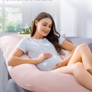 AngQi Pregnancy Pillows, U Shaped Pregnancy Body Pillow for Sleeping, 55 inch Maternity Pillow for Pregnant Women with Cooling Jersey Cover, Pink