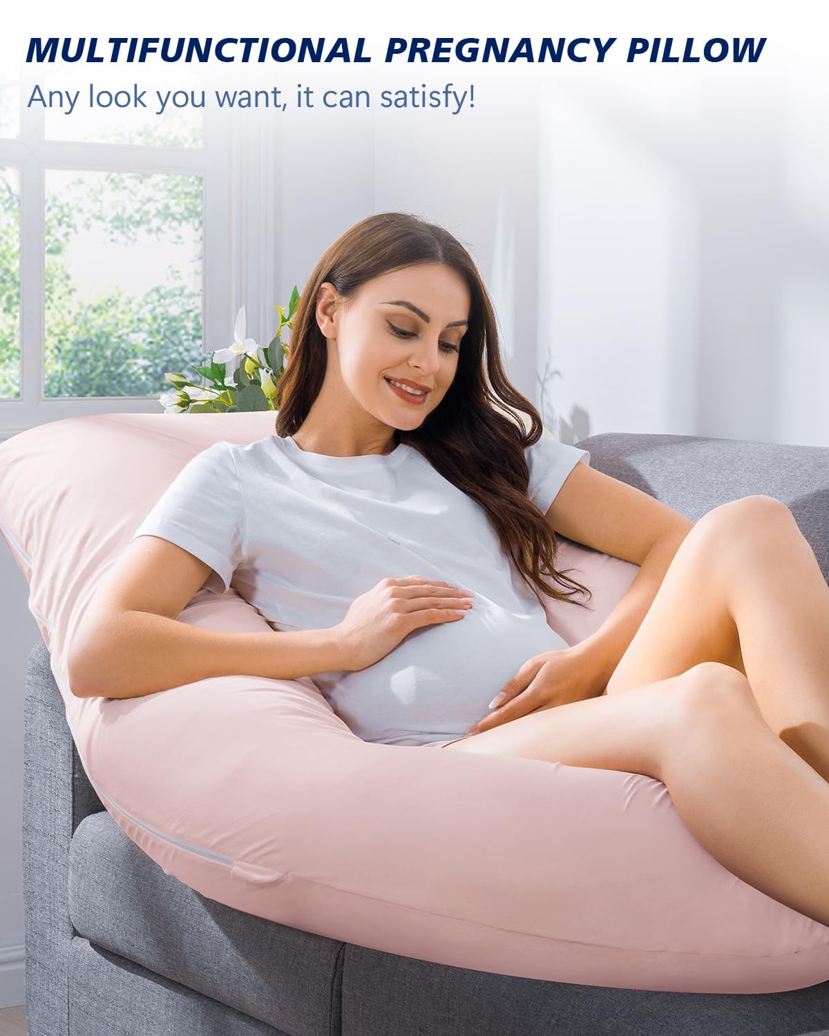 AngQi Pregnancy Pillows, U Shaped Pregnancy Body Pillow for Sleeping, 55 inch Maternity Pillow for Pregnant Women with Cooling Jersey Cover, Pink