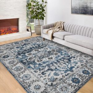 RUGSREAL Area Rug 8x10 for Living Room Blue Boho Rug Non-Slip Washable Rug Washable Vintage Rug Low Pile Large Rug for Bedroom Dining Room Non-Slip Non-Shedding Low-Pile Indoor Soft Rugs