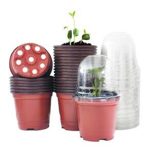 RooTrimmer Plant Nursery Pots with Humidity Domes, 25 Sets 4 Inch Soft Nursery Pots Quality Ones (25 Red Pots + 25 Clear Lids), Seeds Starter Pots Small Planter Containers