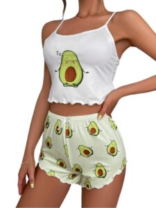 shenhe women's cute cartoon print crop cami top and shorts 2 piece summer pajama set avocado green white s