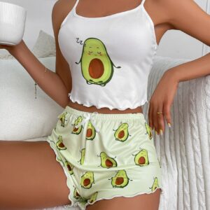 SHENHE Women's Cute Cartoon Print Crop Cami Top and Shorts 2 Piece Summer Pajama Set Avocado Green White S