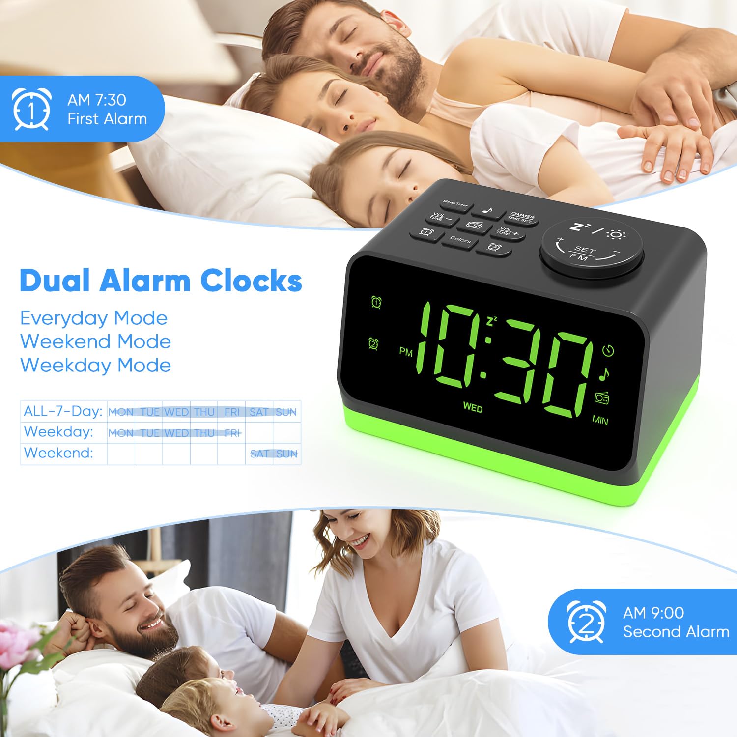 AFEXOA Alarm Clock Radio for Bedroom, Glow Small Digital Clock Radio with 8 Color Night Light & Display, USB Ports, Dimmer, Timer, Sound Machine, Loud FM Radio Alarm Clock for Adults Seniors Kids