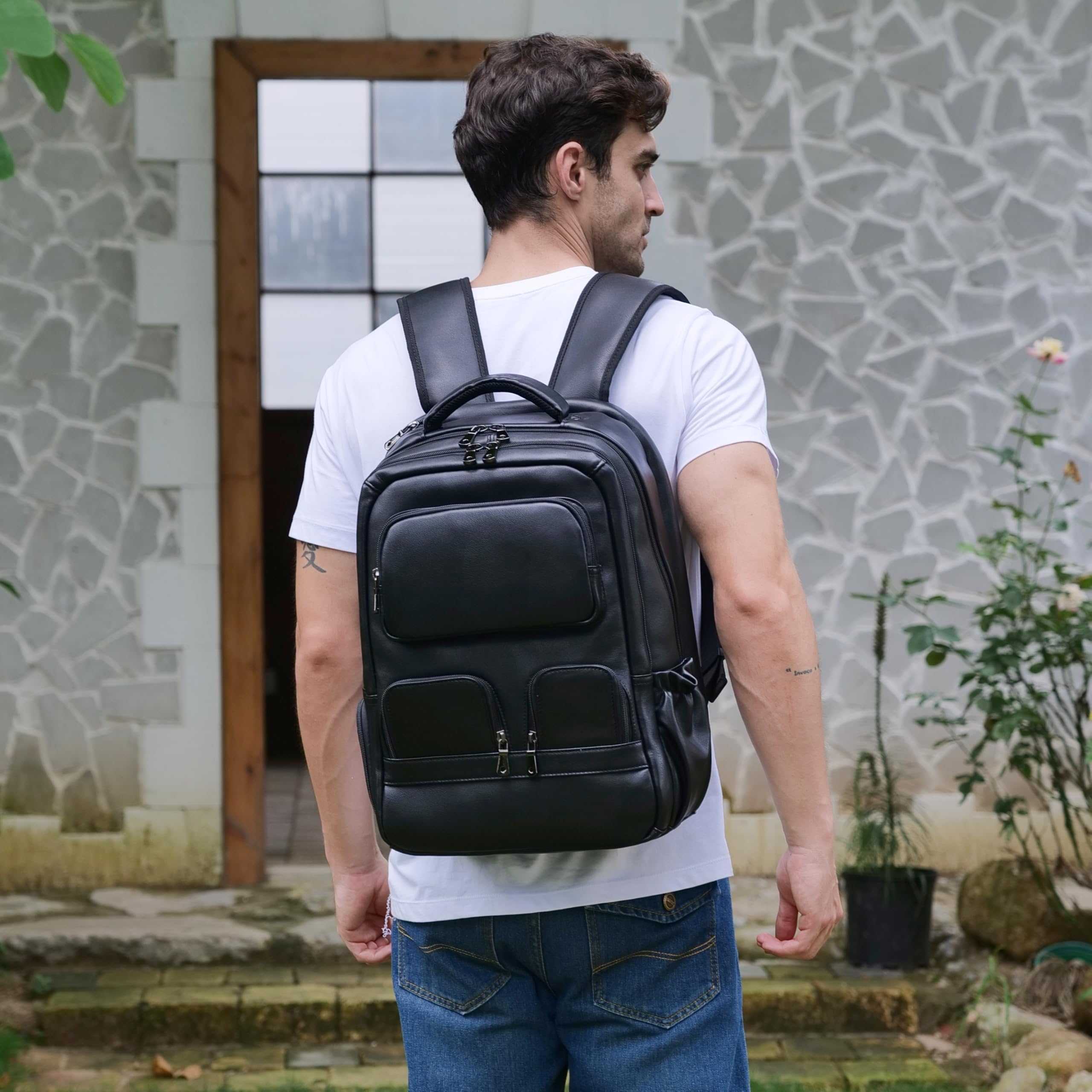 Masa Kawa Full Grain Leather 15.6 Inch Laptop Backpack for Men Black Large Business Travel Rucksack Bag Overnight Daypack