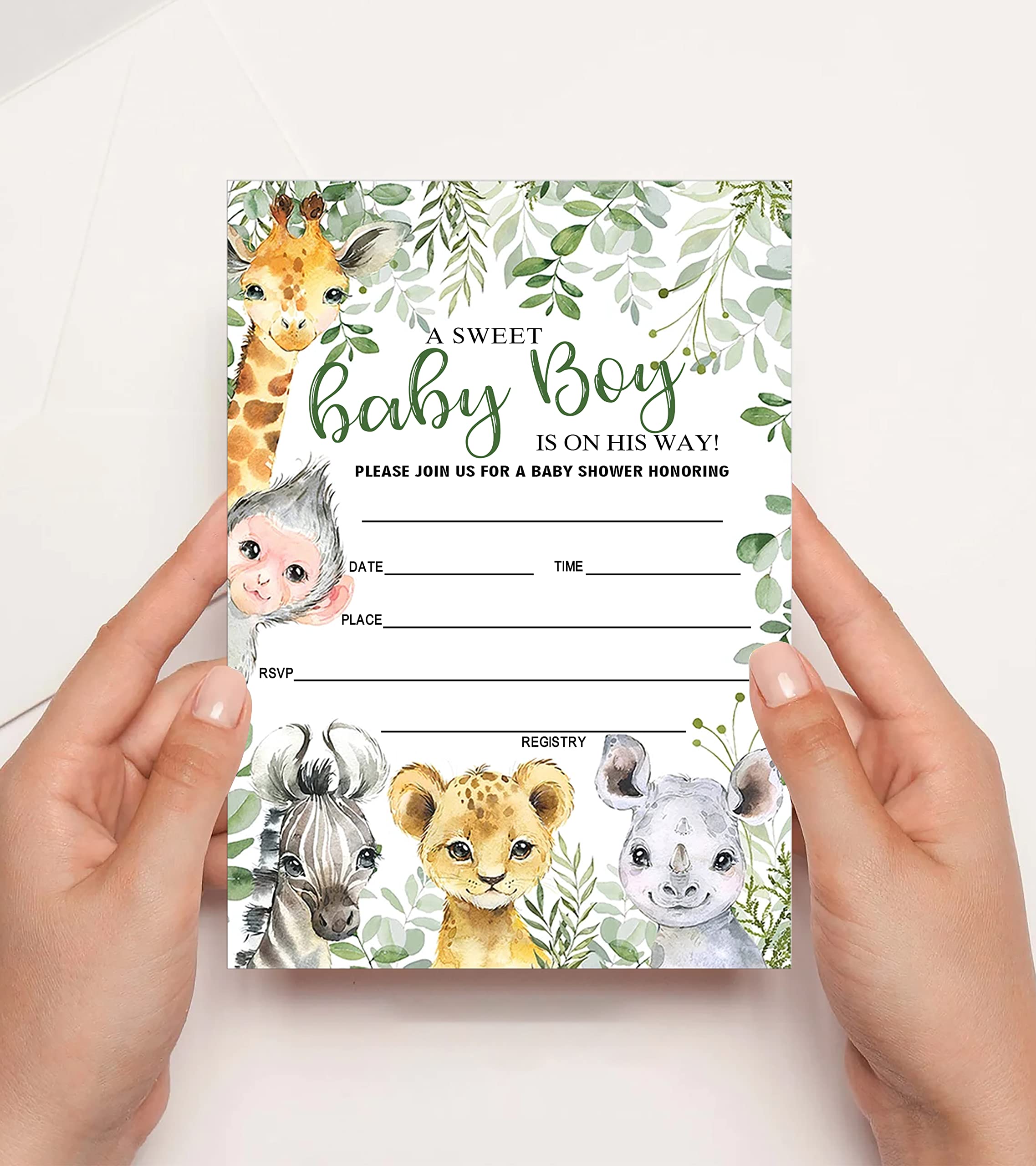 Geuro Baby Shower Invitations, Jungle Animals Fill In Invites Cards wih Envelopes, A Little wild one, Wooden, Set of 25.