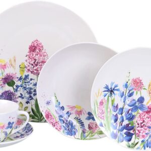 STP Porcelain J-217520 Dinnerware Set for 4, Lavender Fields, Bone China Porcelain, Dinner Plates, Bowls, Dessert Plates, Cups with Saucer, 20 pcs