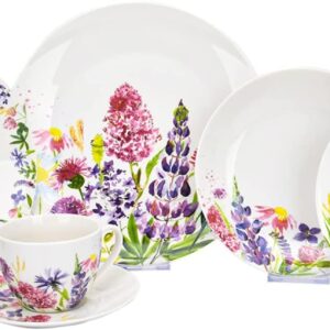 STP Porcelain J-217520 Dinnerware Set for 4, Lavender Fields, Bone China Porcelain, Dinner Plates, Bowls, Dessert Plates, Cups with Saucer, 20 pcs