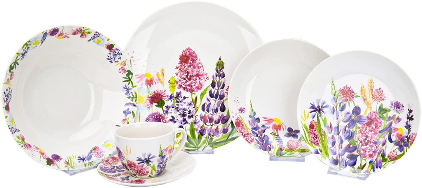 STP Porcelain J-217520 Dinnerware Set for 4, Lavender Fields, Bone China Porcelain, Dinner Plates, Bowls, Dessert Plates, Cups with Saucer, 20 pcs