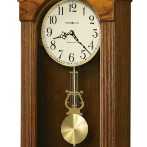 Howard Miller Cambria Wall Clock II 549-518 – Legacy Oak Finish Wood Frame, Vintage Home Decor, Brushed Brass Finished Pendulum, Quartz, Single-Chime Movement