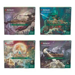 magic: the gathering the lord of the rings: tales of middle-earth scene boxes - all 4 (aragorn at helm’s deep, flight of the witch-king, the might of galadriel, and gandalf in pelennor fields)
