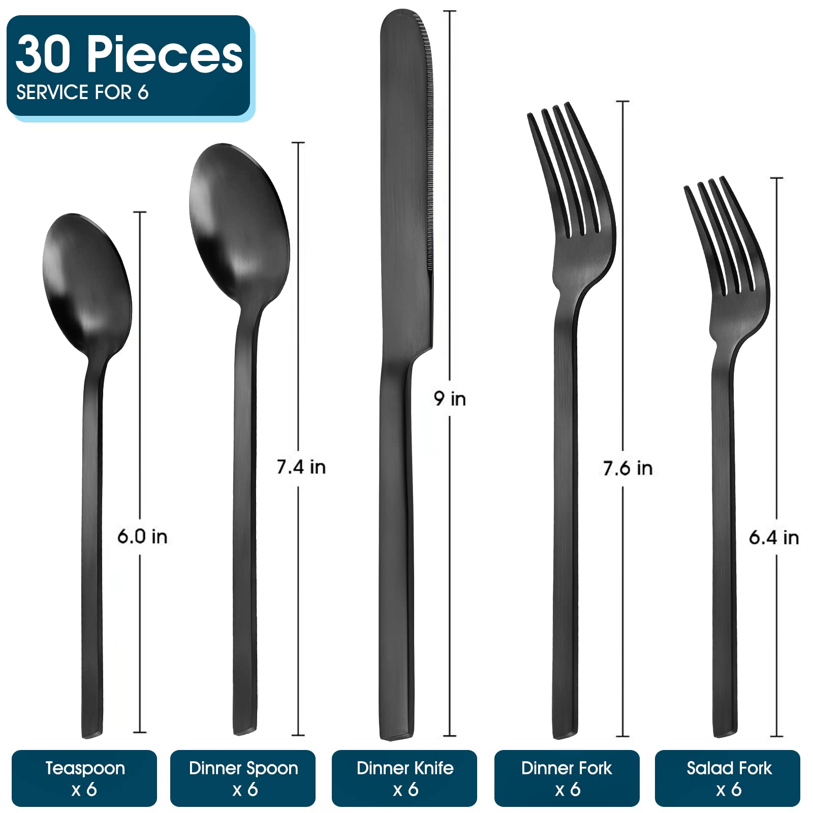 Matte Black Silverware Set，OPOLIA 30-Piece Stainless Steel Flatware Cutlery Set for 6，Stain Finish Tableware Eating Utensils, Food Grade, Dishwasher Safe