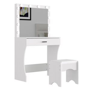 Vanity Desk with Mirror and Adjustable Lights, One Drawer Storage Makeup Table with Stool - Vanity Set for Bedroom (White)