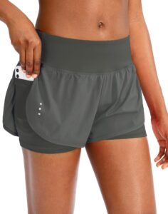 women's 2 in 1 running shorts high waisted spandex shorts gym yoga workout athletic shorts for women with zipper pockets(army green, xxs)