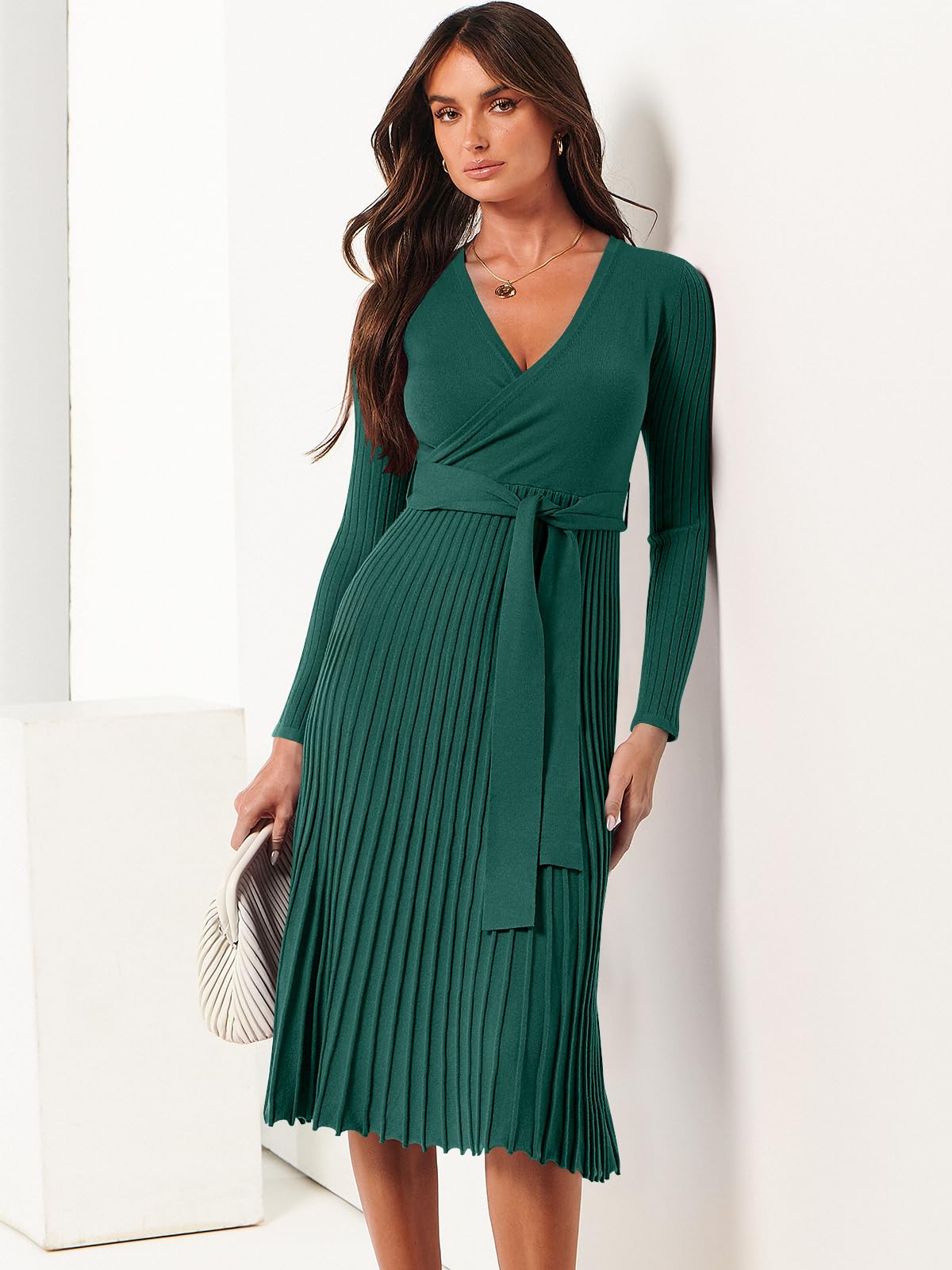 ANRABESS Women Long Sleeve Sweater Dress Wrap V Neck Pleated Ribbed Knit A Line Belted Tie Waist Midi Dress Fall Outfits deep green Small