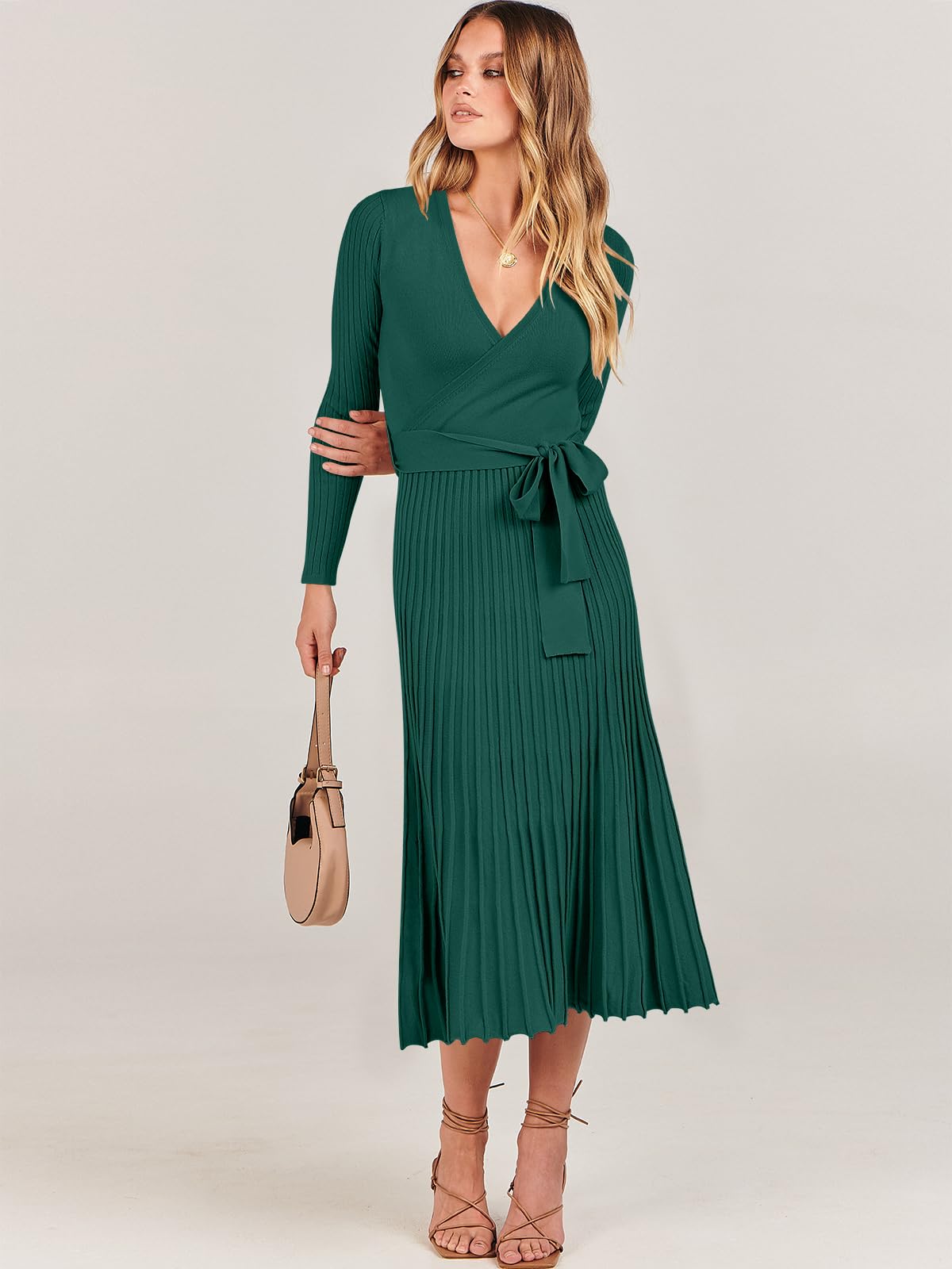 ANRABESS Women Long Sleeve Sweater Dress Wrap V Neck Pleated Ribbed Knit A Line Belted Tie Waist Midi Dress Fall Outfits deep green Small