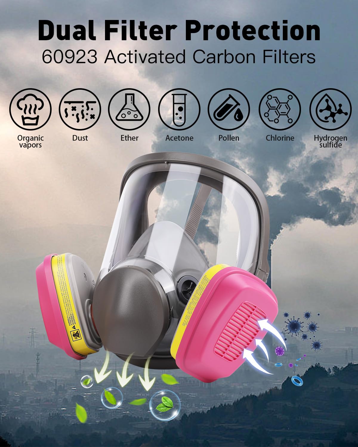 Haizkni Full Face Respirator Mask with 60923 Filters - 6800 Reusable Gas Mask Against Dust Organic Vapor Anti-fog Mask for Epoxy Resin, Cutting, Grinding, Chemicals, Woodworking, Welding, Polishing