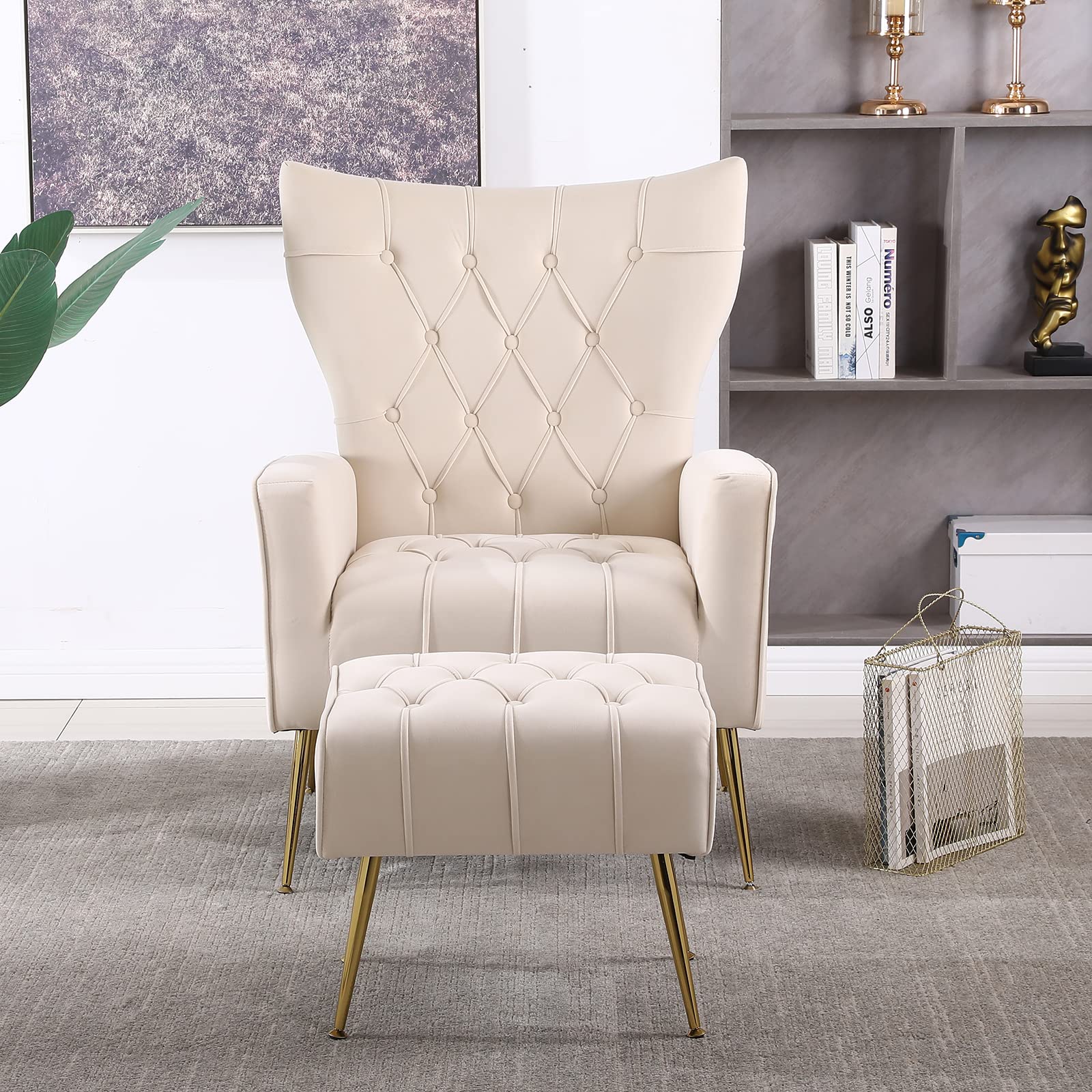 Modern Velvet Accent Chair with Ottoman, Elegant Wingback Armchair with Gold Metal Legs, Comfy Upholstered Single Leisure Sofa Reading Chair for Living Room Bedroom Club Apartment Home Office (Beige)