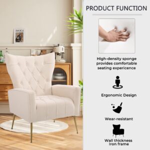 Modern Velvet Accent Chair with Ottoman, Elegant Wingback Armchair with Gold Metal Legs, Comfy Upholstered Single Leisure Sofa Reading Chair for Living Room Bedroom Club Apartment Home Office (Beige)