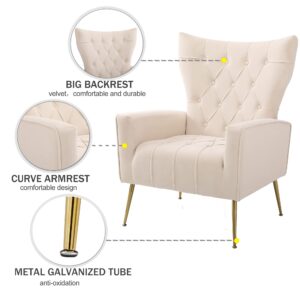 Modern Velvet Accent Chair with Ottoman, Elegant Wingback Armchair with Gold Metal Legs, Comfy Upholstered Single Leisure Sofa Reading Chair for Living Room Bedroom Club Apartment Home Office (Beige)