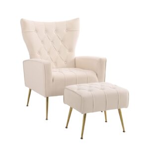 Modern Velvet Accent Chair with Ottoman, Elegant Wingback Armchair with Gold Metal Legs, Comfy Upholstered Single Leisure Sofa Reading Chair for Living Room Bedroom Club Apartment Home Office (Beige)