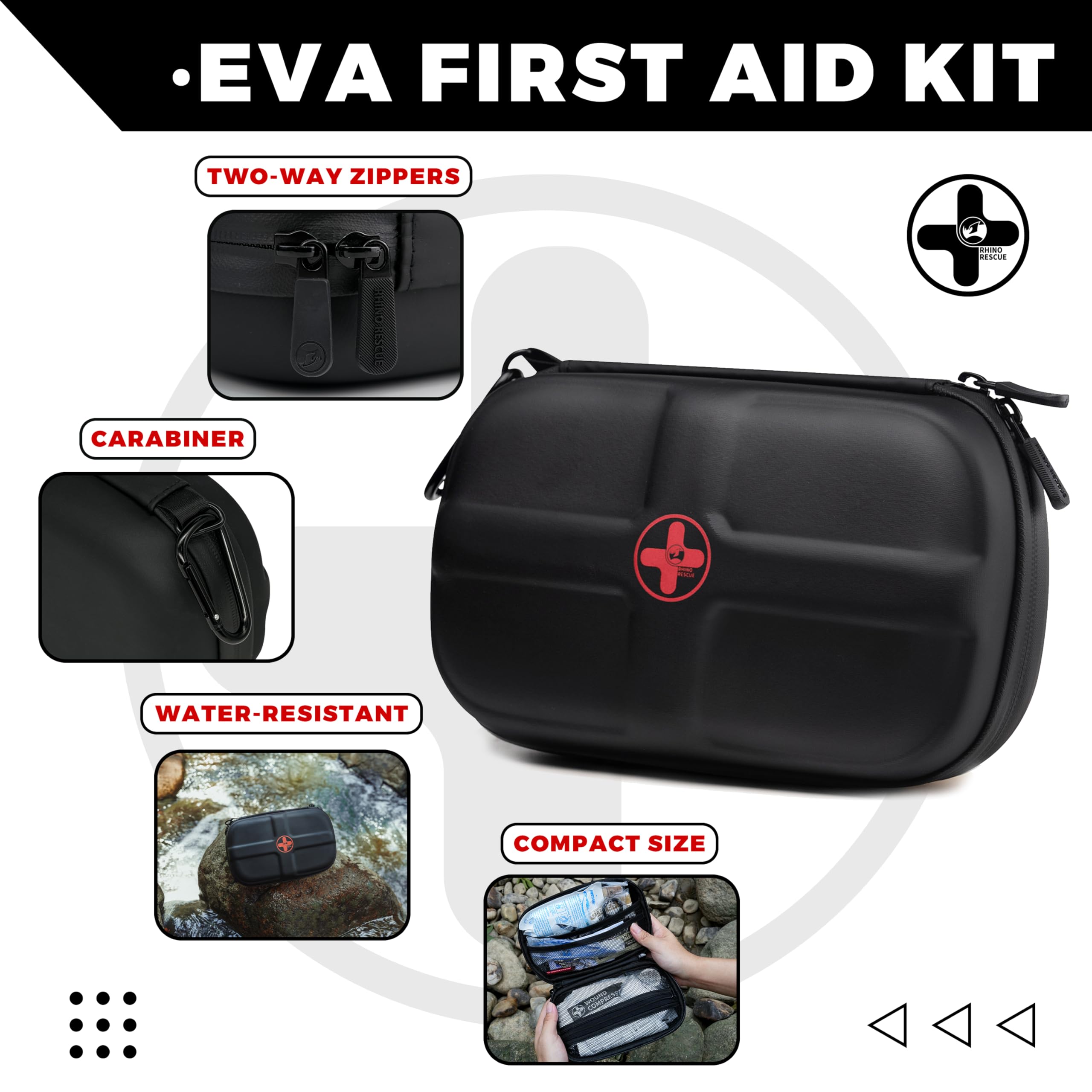 RHINO RESCUE First Aid Kit, HSA/FSA Eligible, Waterproof Portable Emergency Medical Kit for Travel, Home, Car, College Dorm, Camping, Hiking, Backpacking (Black)