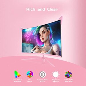 FYHXele FY27QHP Pink Monitor 27 Inch Curved Gaming 165Hz - Support 144Hz 1800R 1ms QHD 2560 x 1440P VA Screen, Built-in Speakers, AMD Free-Sync, HDMI, DP, USB, AUX, Tilt Adjustable