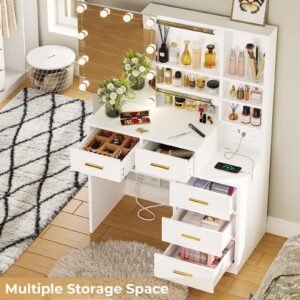 BTHFST Vanity Desk with Sliding Mirror and Lights, Makeup Vanity with Lights and Charging Station, Makeup Desk with 5 Drawers, Modern Vanity Table with Hidden and Open Storage Shelves, White